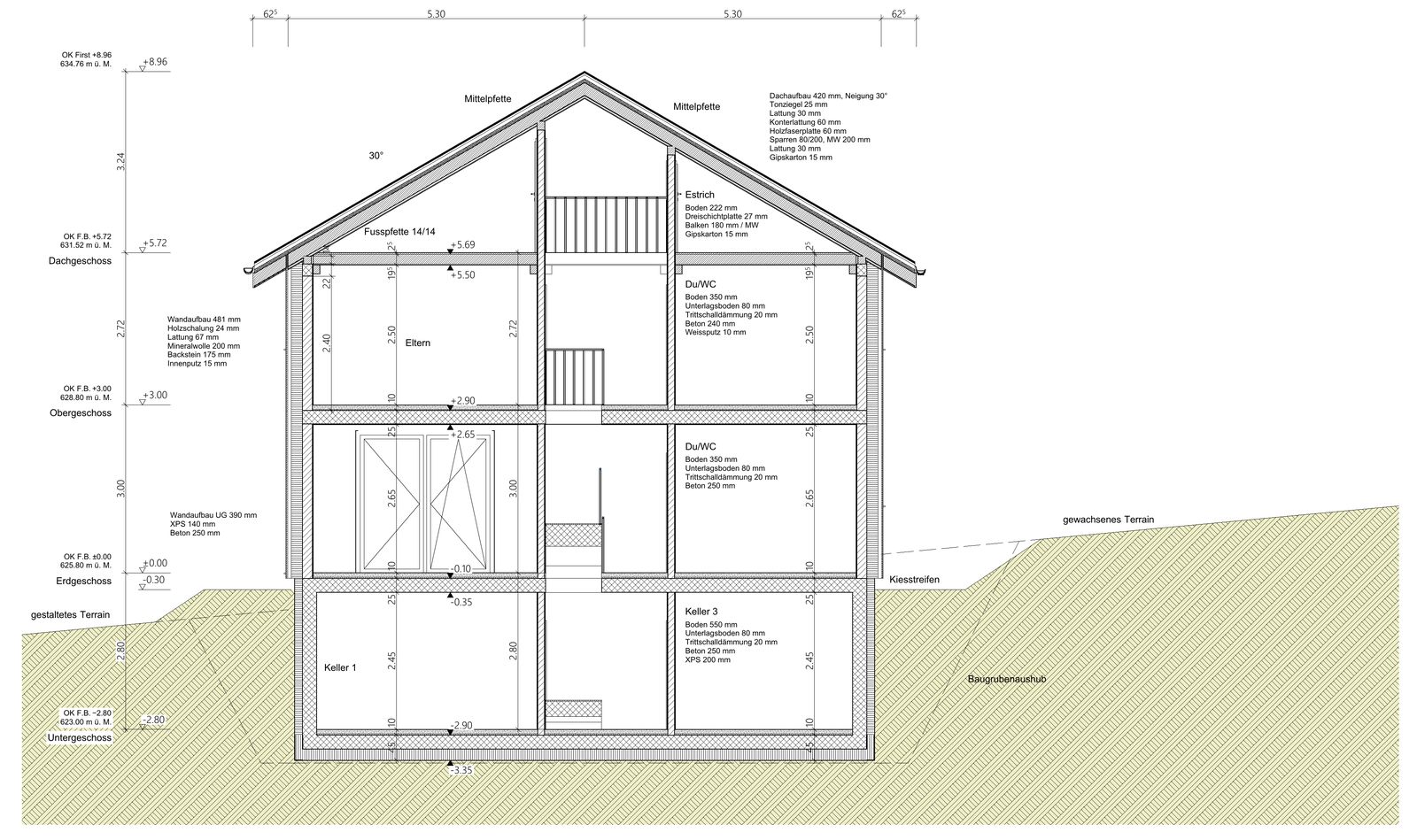 Werkplan-Schnitt 1:50 eines Einfamilienhauses, in Archicad automatisch bemasst, mit Höhenkoten und Schichtaufbauten beschriftet